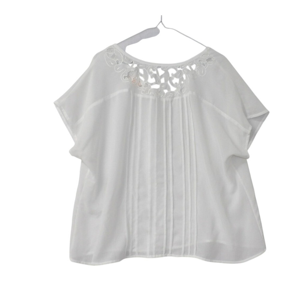 XL Ceo White Lace Neck Detail Short Sleeve Blouse Top